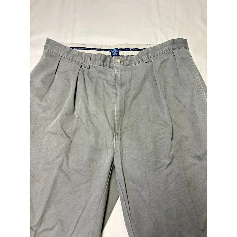 VTG Y2K Polo Ralph Lauren Andrew Pant Mens 38x32 Grey Olive Pleated Chino Cotton